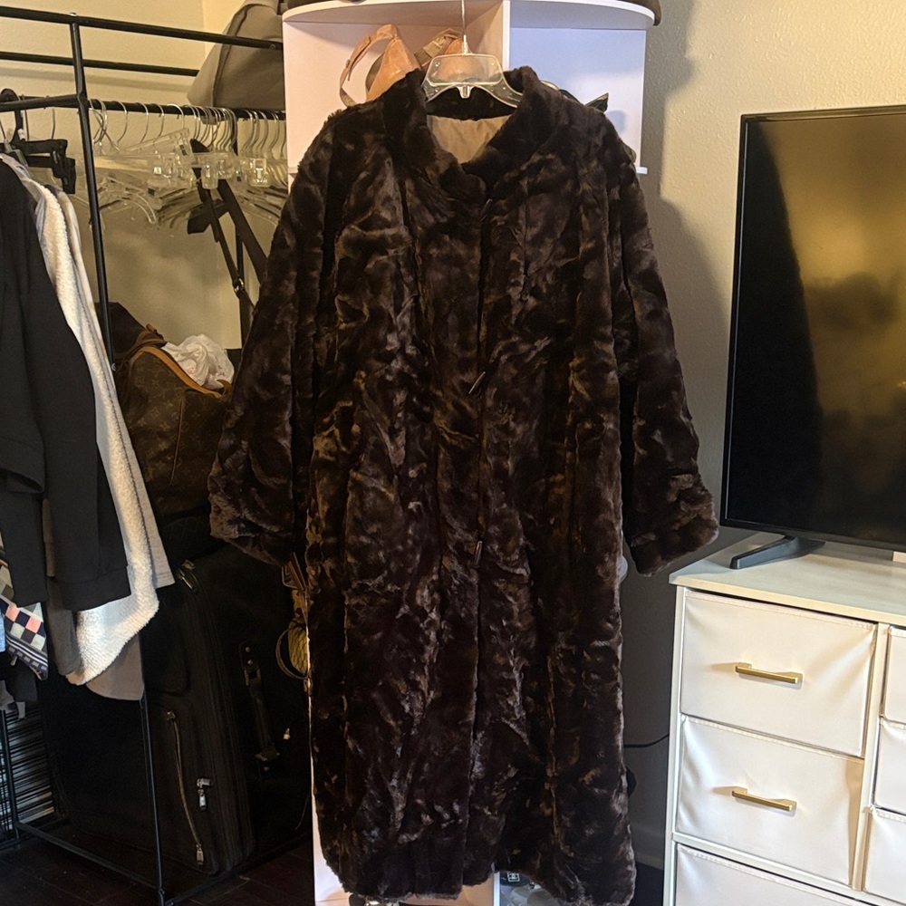 Luxurious Dark Brown Full Length Mink Faux Fur Coat